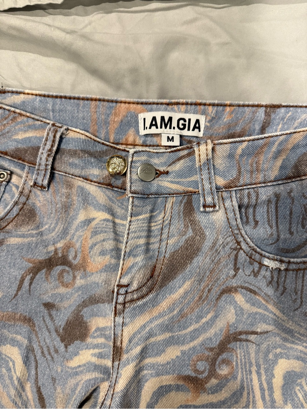 I.AM.GIA Marble Print Flare Jeans Size M Blue Tan - Picture 2 of 5